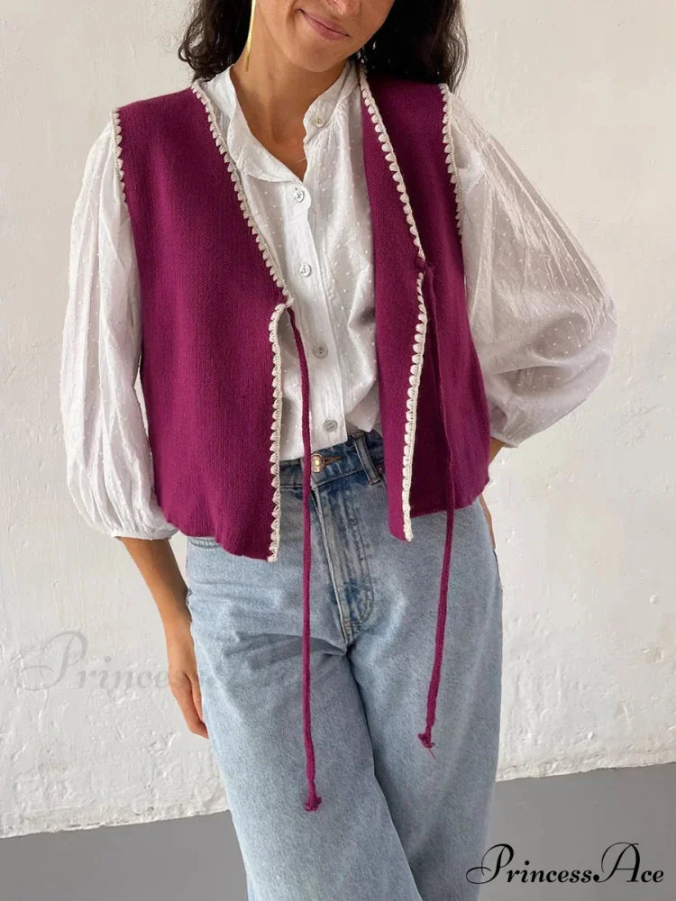 Differentiate Border Tying V-Neck Knit Waistcoat Cardigan cardigans-241228