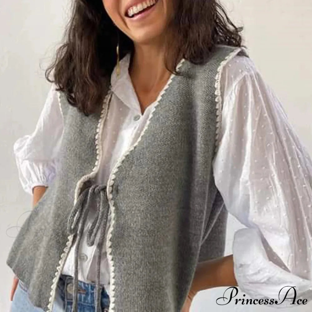 Differentiate Border Tying V-Neck Knit Waistcoat Cardigan grey / S cardigans-241228