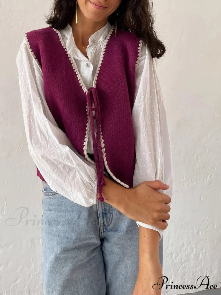 Differentiate Border Tying V-Neck Knit Waistcoat Cardigan red / S cardigans-241228