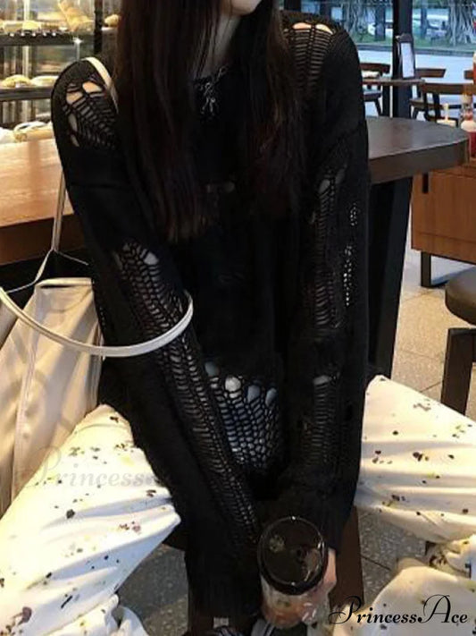 Distressed Crochet Knit Trendy Long Sleeve Crop Top Black / ONE SIZE