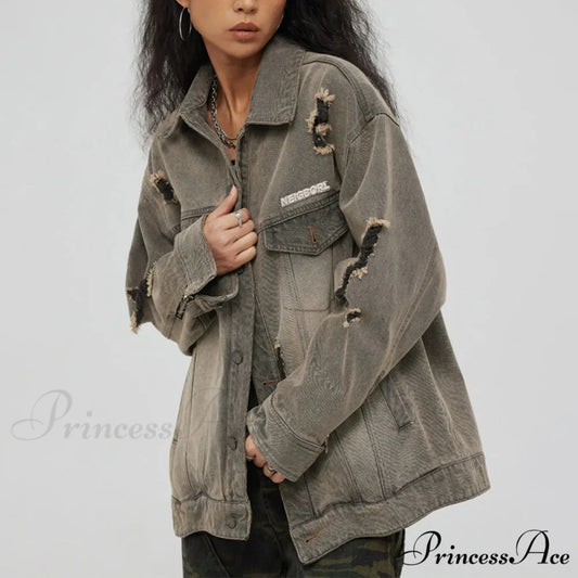 Distressed Denim With Collar Vintage Large Pockets Chic Stylish Elegant Fashionable Versatile Oversized Street Winter