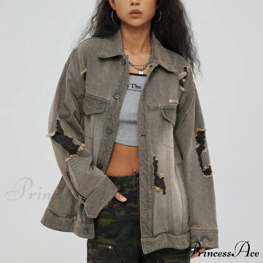 Distressed Denim With Collar Vintage Large Pockets Chic Stylish Elegant Fashionable Versatile Oversized Street Winter