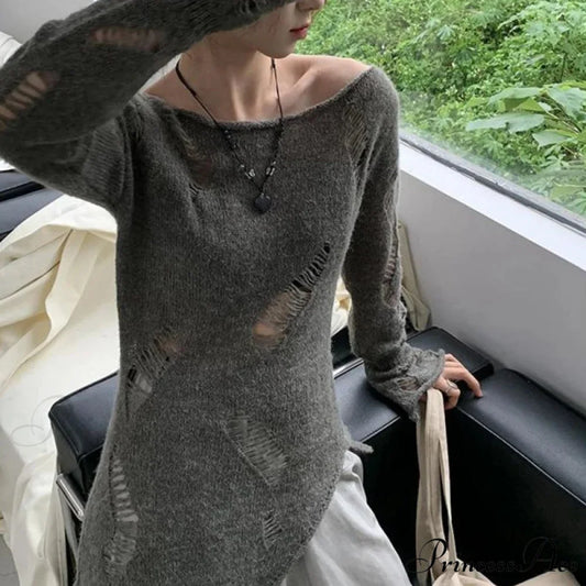Distressed Hollow Out Knitted Jumper Trim Thin Pullover Knit Top GRAY / One Size knittop-250126