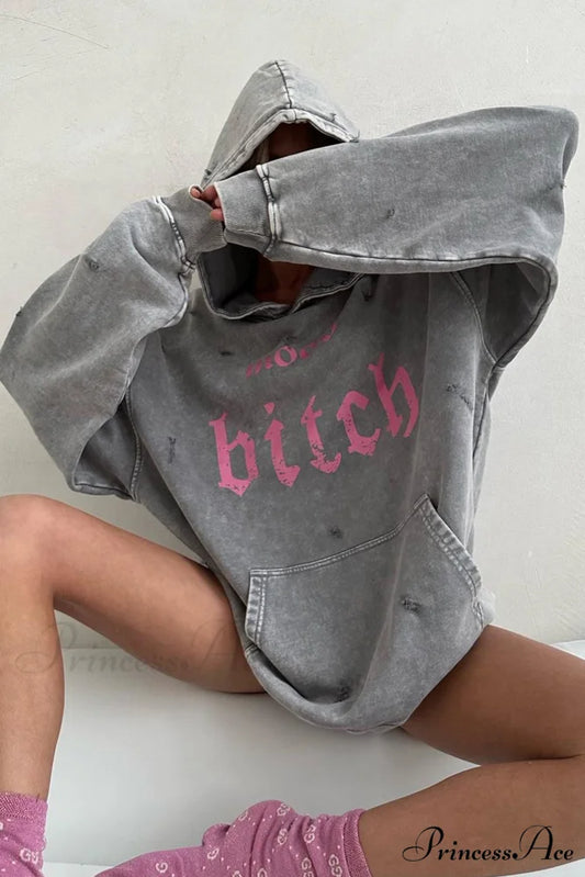 Distressed Hoodie with Letter Print Grey / S
