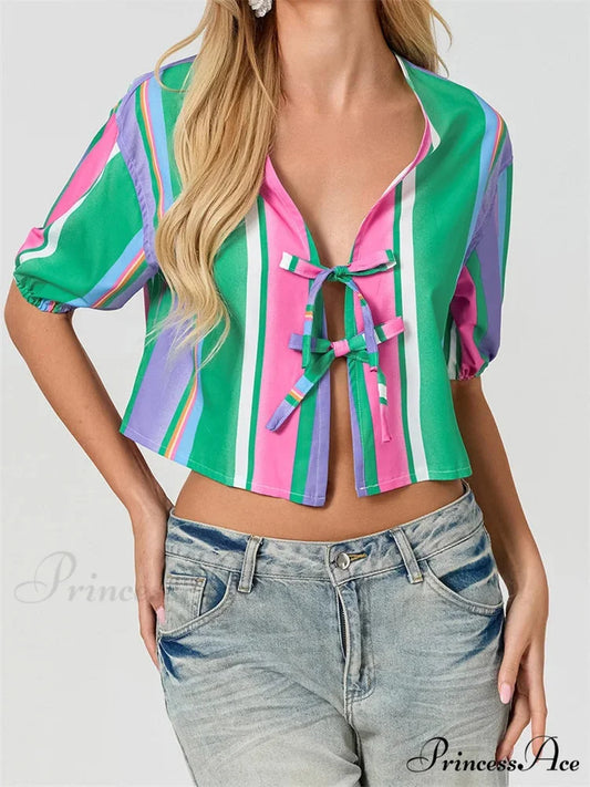 Divide Bind Puff Sleeve Top blouse-250223