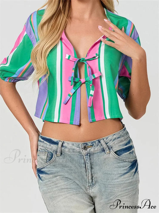 Divide Bind Puff Sleeve Top green / S blouse-250223