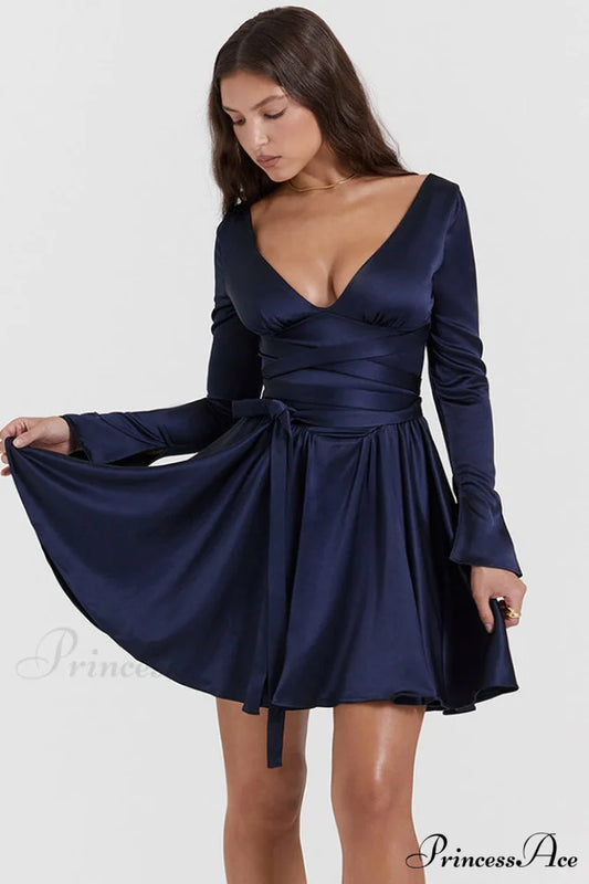Dominique Navy Stylish Plunge Mini Dress