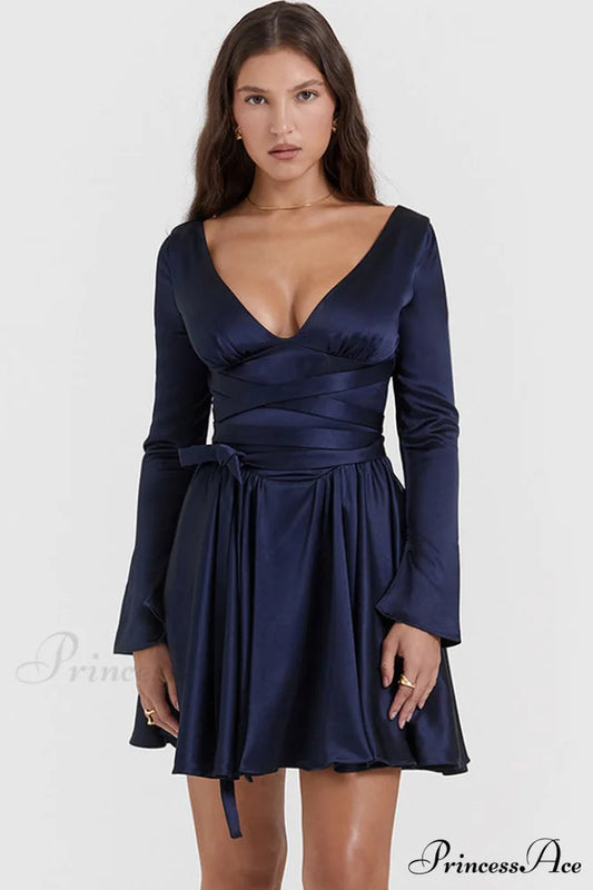 Dominique Navy Stylish Plunge Mini Dress XS / Navy