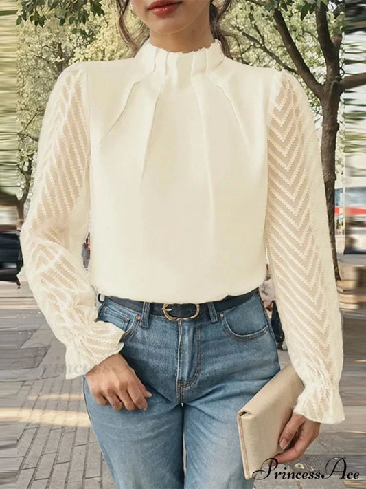 Dotted Folded High Neck Long Sleeve Blouse blouse-250126