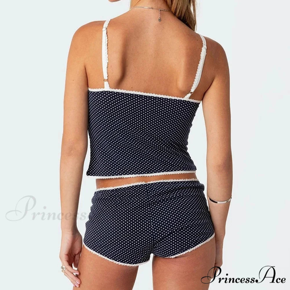 Dotted Lace Trim Camisole Mini Shorts Retro Lounge Two Pieces Set twopiecesset-250126