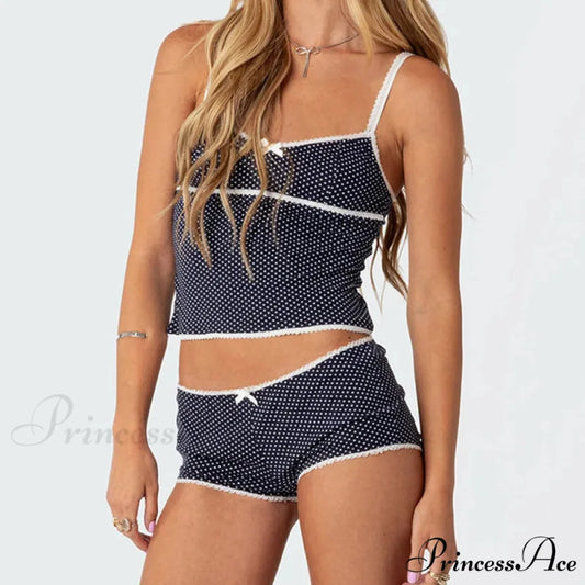 Dotted Retro Crop Tops Mini Shorts Two Pieces Set twopiecesset-250126