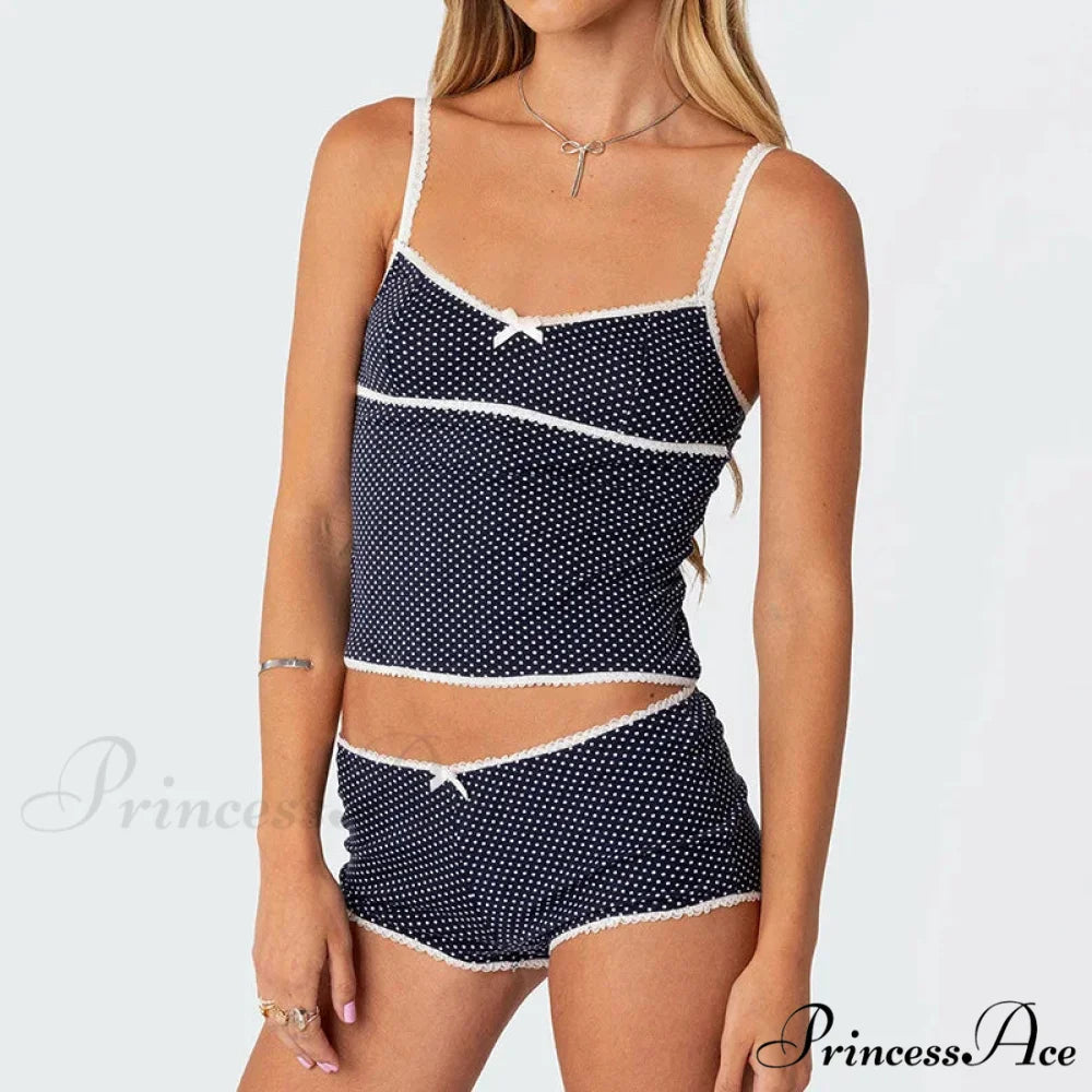 Dotted Retro Crop Tops Mini Shorts Two Pieces Set twopiecesset-250126