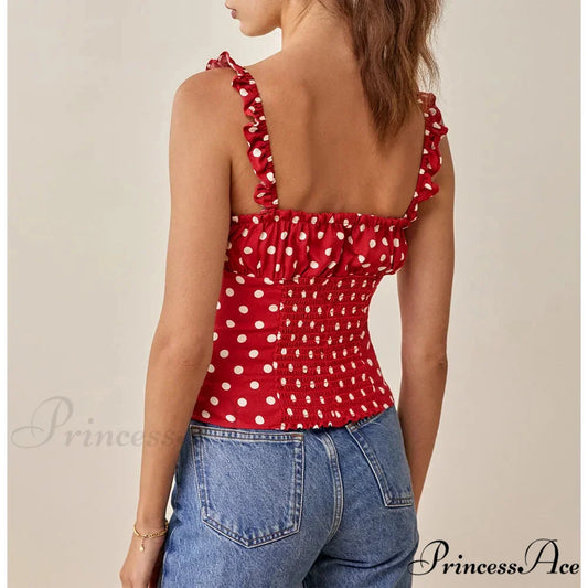 Dotted Square Neck Bow Sleeveless Frill Strap Shirred Fitted Seductive Crop Top croptop-250126