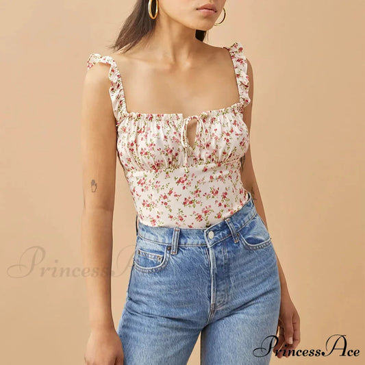 Dotted Square Neck Bow Sleeveless Frill Strap Shirred Fitted Seductive Crop Top WHITE1 / S croptop-250126