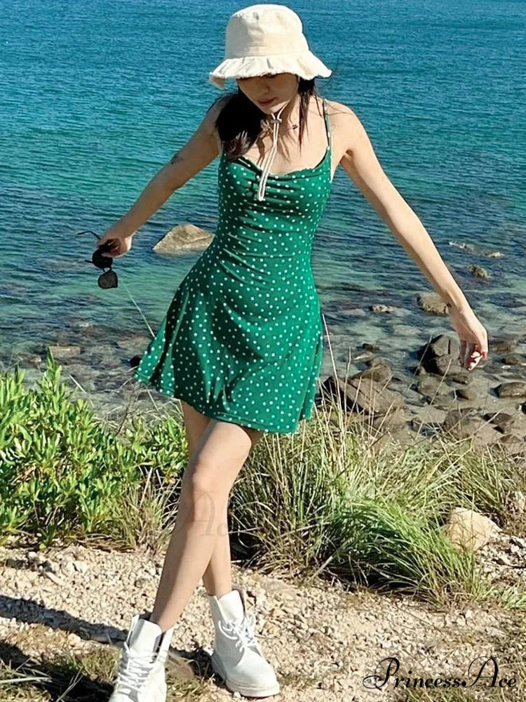 Dotted Thin Strap Mini Dress Green / S minidress-250223