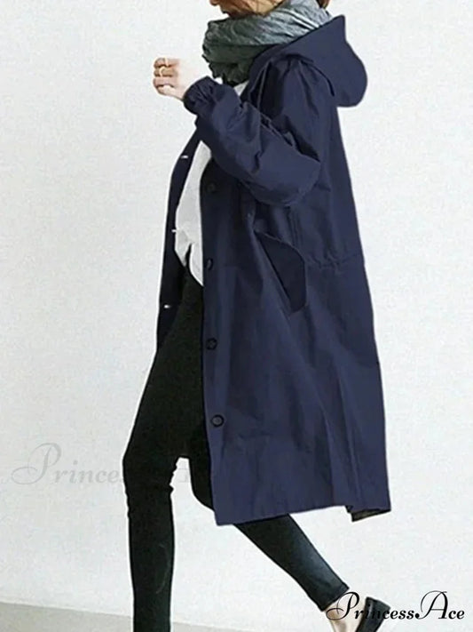 Double Breasted Vintage Notched Neck Pockets Long Sleeve Solid Loose Street Outfit Stylish Coat Navy blue / S