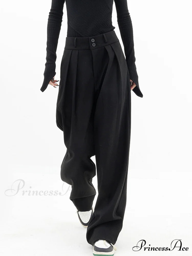 Double Buttons Wide Trendy Leg Dress Pants Black / XS
