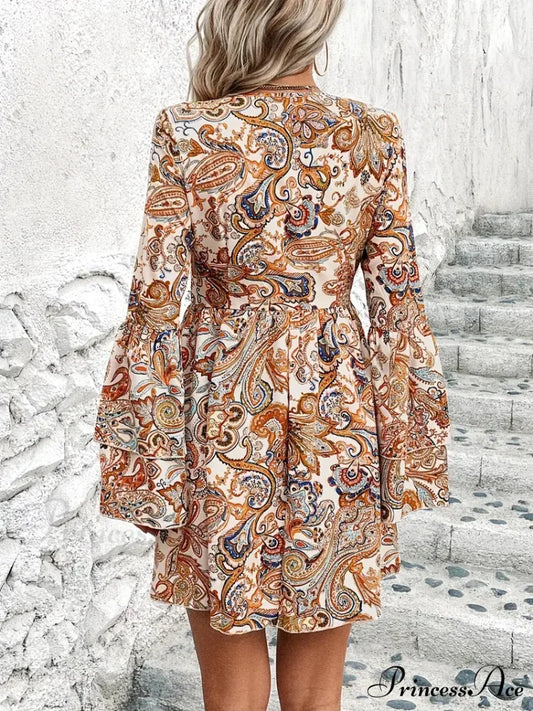 Double Flare Paisley Bohemian Arm Design Dress