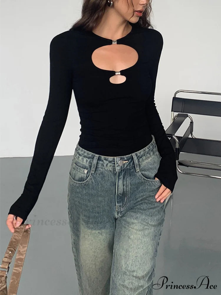 Double Keyholes Graceful Long Sleeve Top Black / XS