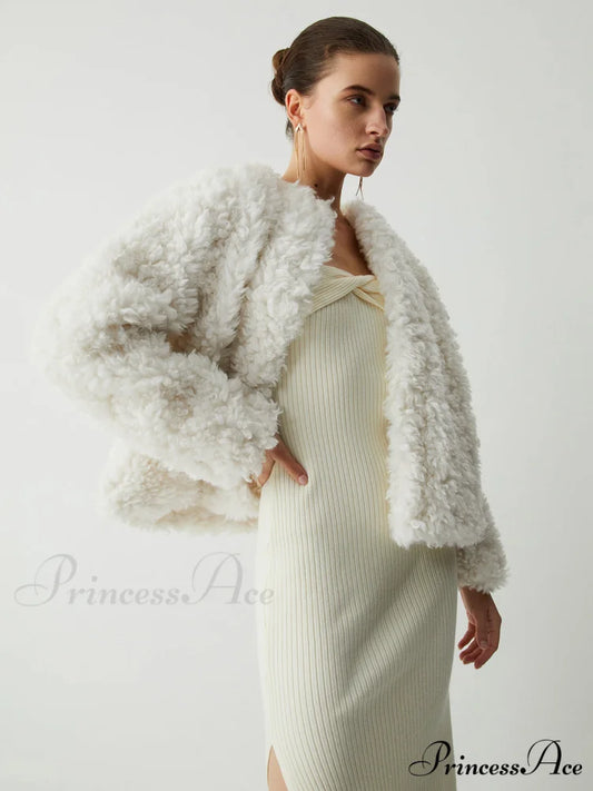 Double Pockets Graceful Fleece Jacket Beige / XS