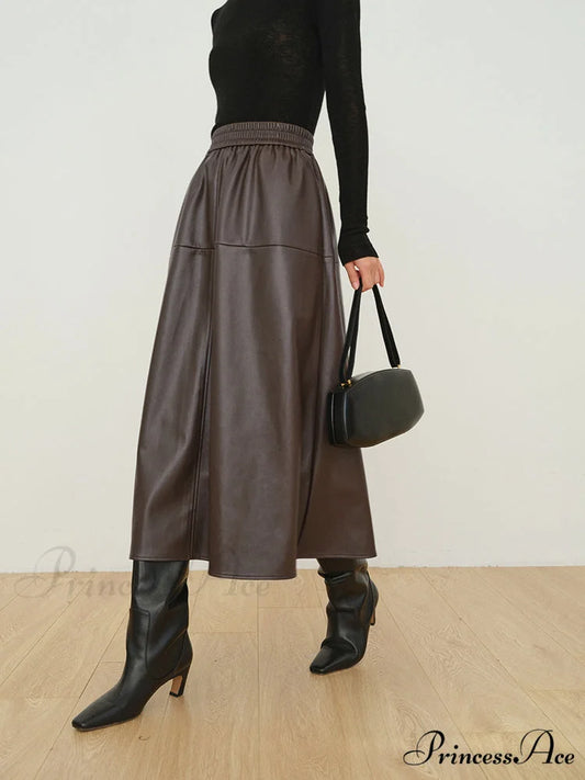 Double Pockets Graceful Leather Maxi Skirt Dark Brown / XS