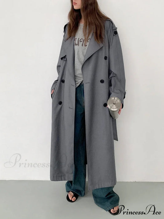 Double Pockets Graceful Longline Trench Coat Grey / XS