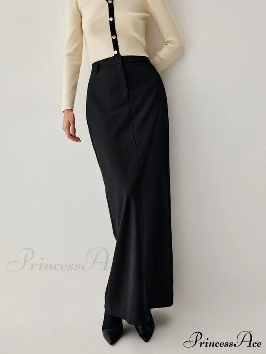 Double Pockets High Trendy Waist Maxi Skirt Black / XS