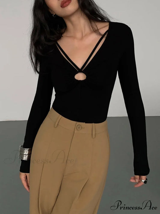 Double Sided Keyhole Trendy Rib Long Sleeve Shirt Black / XS