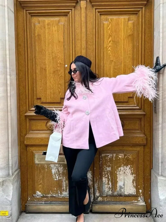 Downy Soft Collar Fasten Cozy Overcoat Pink / S overcoats-241228