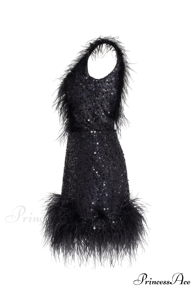 Dramatic Cocktail Dress On Straps Trendy Decorated With Sequins And Feathers