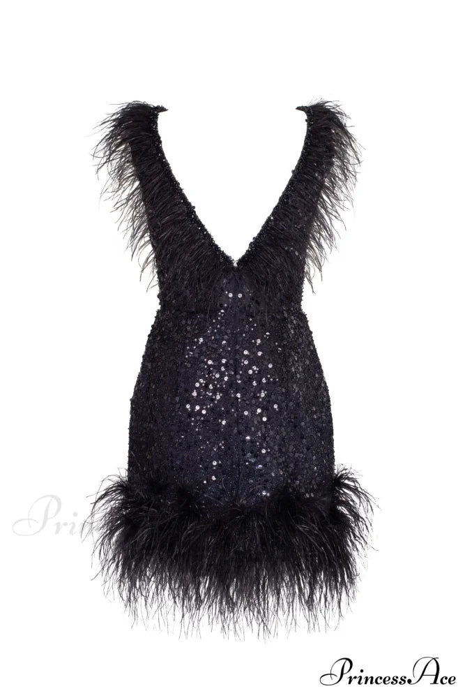 Dramatic Cocktail Dress On Straps Trendy Decorated With Sequins And Feathers