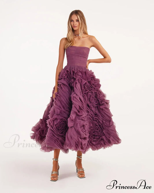 Dramatically Flowered Tulle Charming Dress In Wine Color