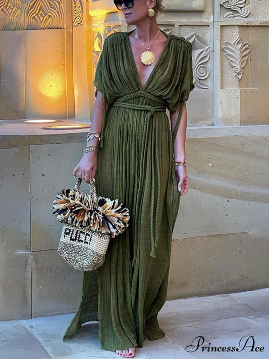 Draped Braids Kimono Cover Graceful Up Slit Maxi Dress Green / S