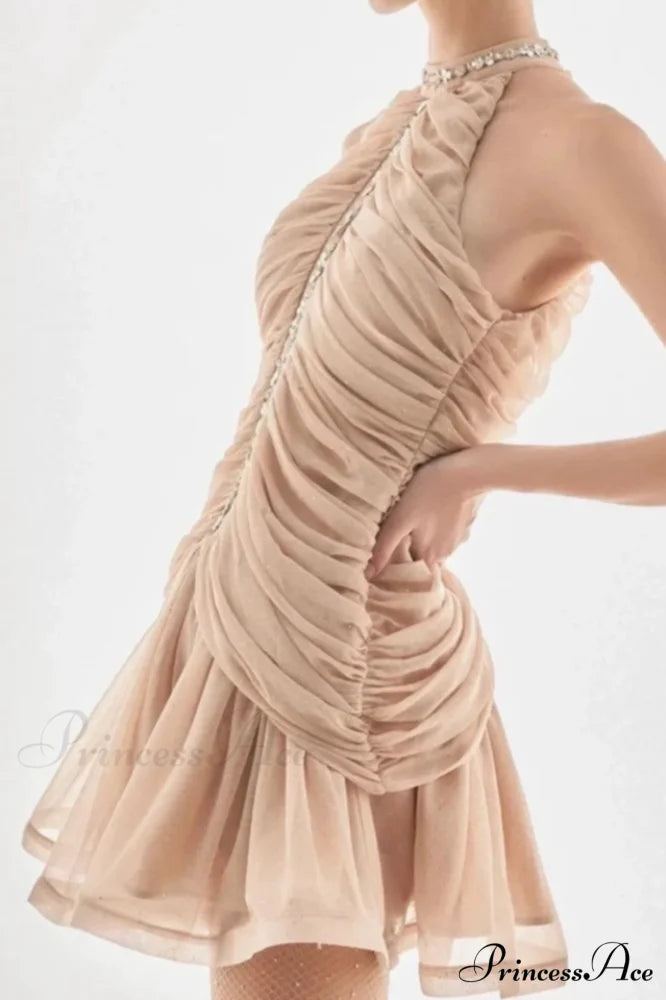 Draped Crystal Stone Charming Detail Design Dress