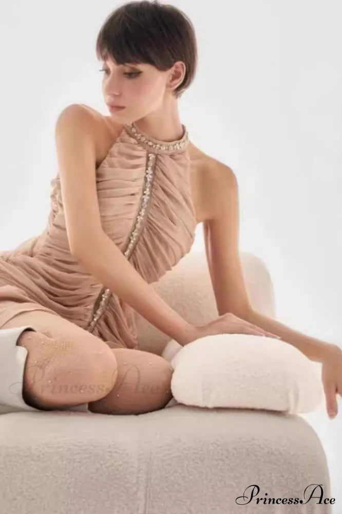 Draped Crystal Stone Charming Detail Design Dress