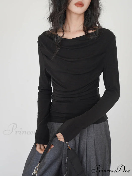 Draped Long Graceful Sleeve Slinky Shirt Black / XS