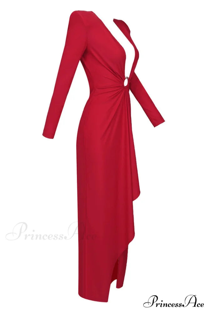Draped Ring Detailed Charming Deep V Neck Dress