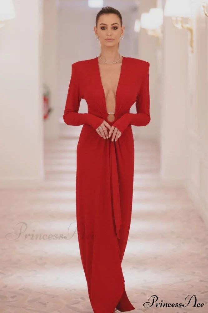 Draped Ring Detailed Charming Deep V Neck Dress
