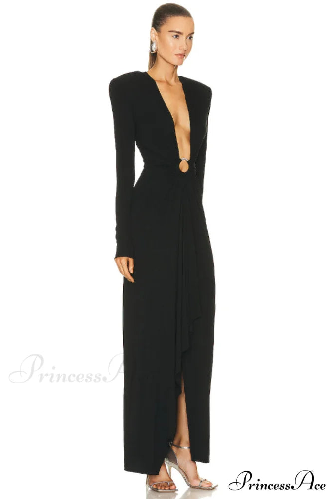 Draped Ring Detailed Charming Deep V Neck Dress