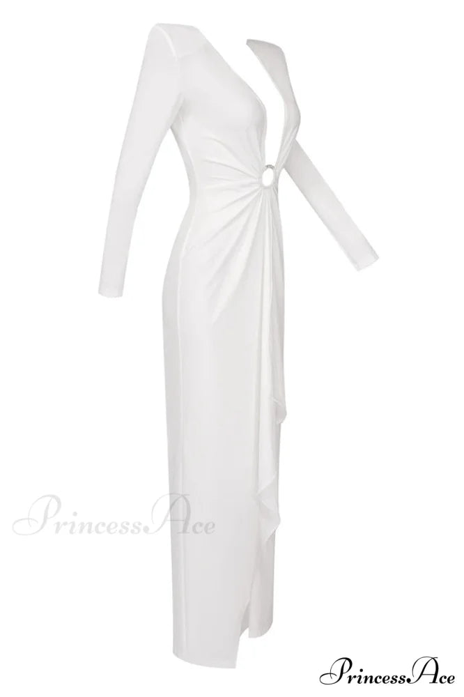 Draped Ring Detailed Charming Deep V Neck Dress