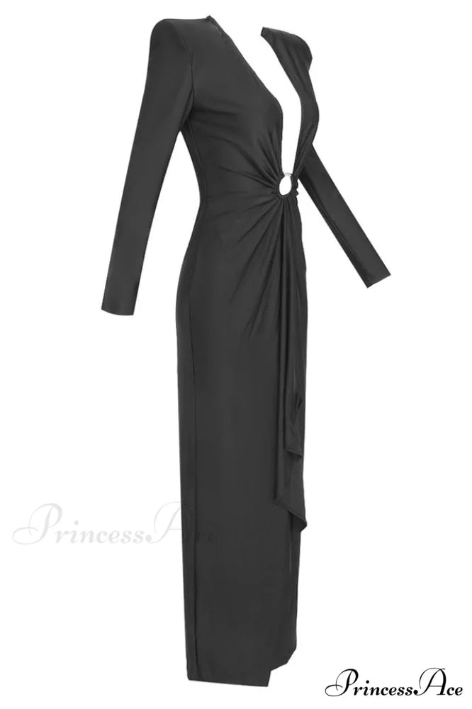 Draped Ring Detailed Charming Deep V Neck Dress