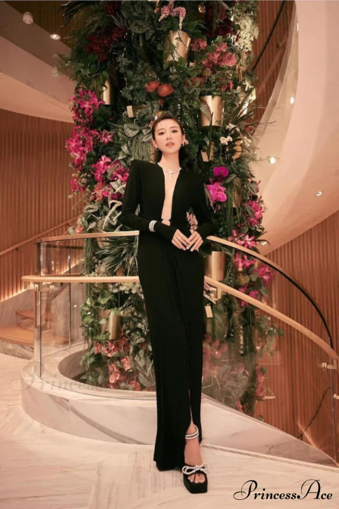 Draped Ring Detailed Charming Deep V Neck Dress