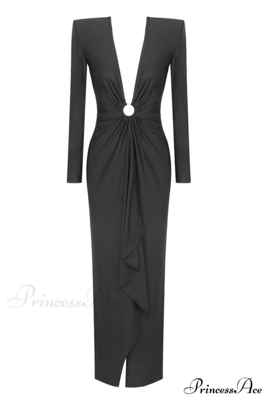 Draped Ring Detailed Charming Deep V Neck Dress XS / Black