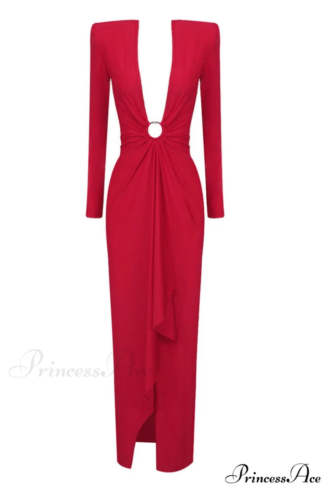 Draped Ring Detailed Charming Deep V Neck Dress XS / Red