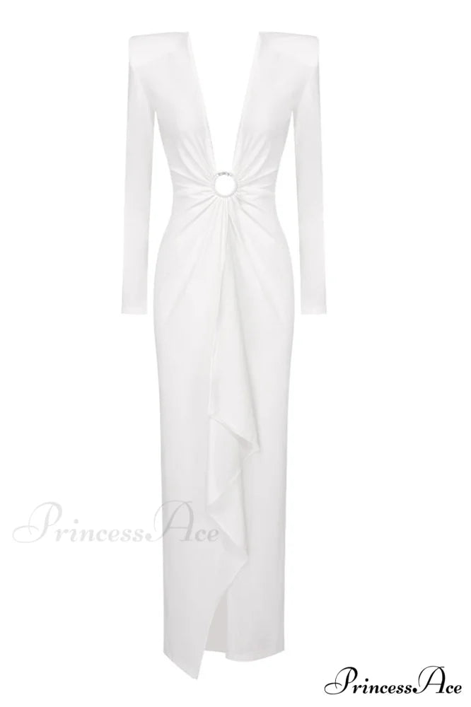 Draped Ring Detailed Charming Deep V Neck Dress XS / White