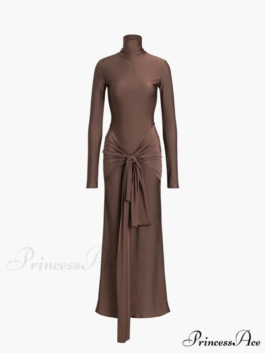 Draped Turtleneck Low Trendy Waist Twist Long Dress