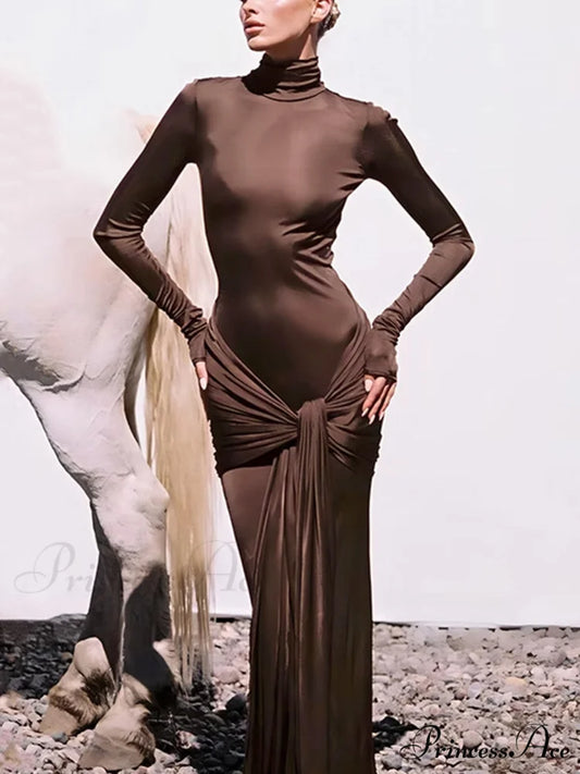 Draped Turtleneck Low Trendy Waist Twist Long Dress Dark Brown / S