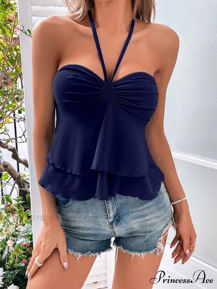 Drawstring Bust Tie Backless Halter Top