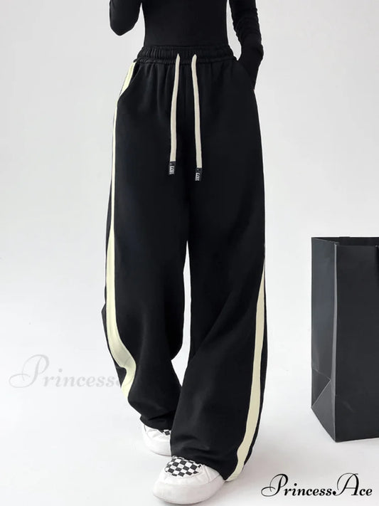 Drawstring Contrast Trim Trendy Wide Leg Sweatpants Black / XS
