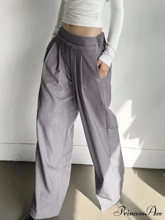 Drawstring Pleat Wide Trendy Leg Dress Pants Light Grey / XS